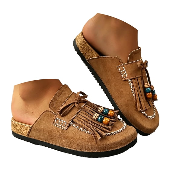 Womens Flat Clogs Comfortable Plush Soft Insole Shoes Arch Support Non Slip Mules Tassel Bead Decor Suede Close Toe Slip on Footwear Brown Size 9.5