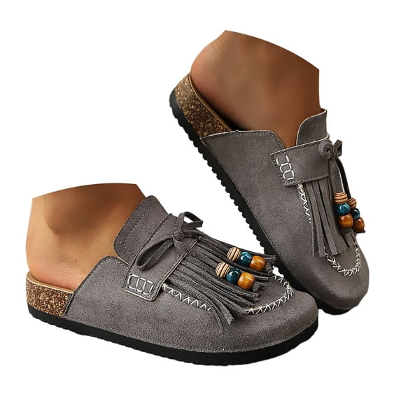 Womens Flat Clogs Comfortable Plush Soft Insole Shoes Arch Support Non Slip Mules Tassel Bead Decor Suede Close Toe Slip on Footwear Gray Size 8.5