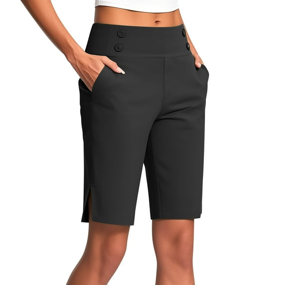 Womens Flat Front Long Shorts with Pockets Side Split Buttons Decor High Waist Pull On Twill Work Dress Pant (2XL, Black)
