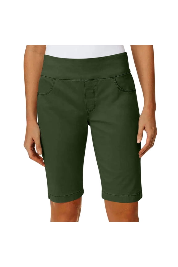 Womens Flat Front Long Shorts with Pockets Side Split Buttons Decor High Waist Pull On Twill Work Dress Pant (M, Green A)