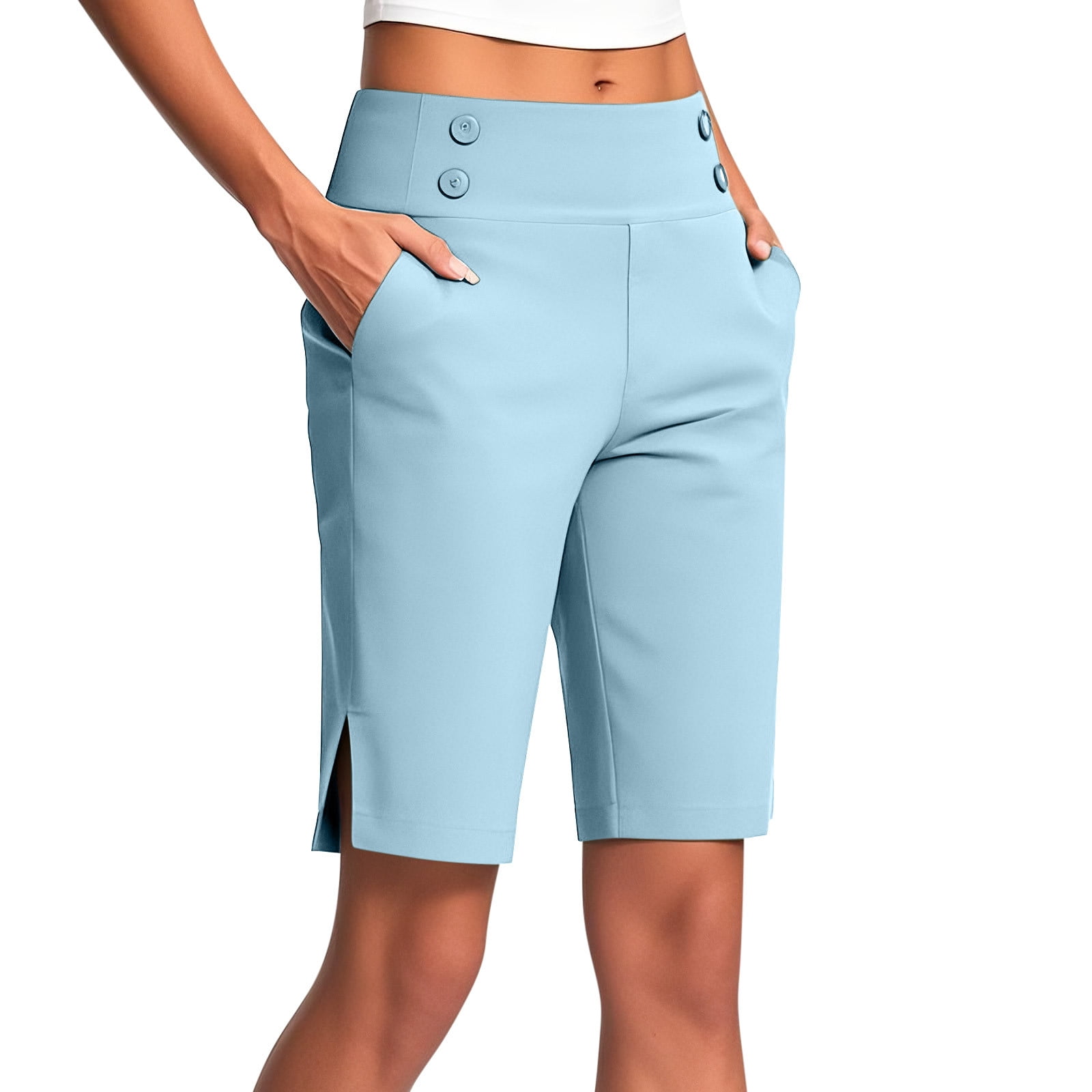 dress shorts long for Women Casual Dressy Shorts Elastic High Waisted Wide Leg Shorts Knee Length Summer Work Shorts with Pockets Black : Clothing, Shoes & Jewelry Matching knit orange belt Sharo Long Shorts 