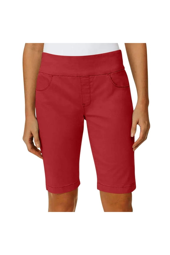 Womens Flat Front Long Shorts with Pockets Side Split Buttons Decor High Waist Pull On Twill Work Dress Pant (XL, Red)