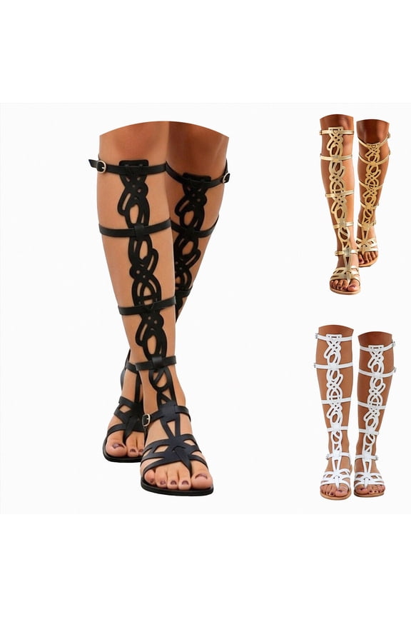 Womens Flat Gladiator Sandals Knee High Boots Strappy Zipper Summer Cut out Thong Outdoor Breathable Travel Walkiing Flip Flops Gold Size 9.5