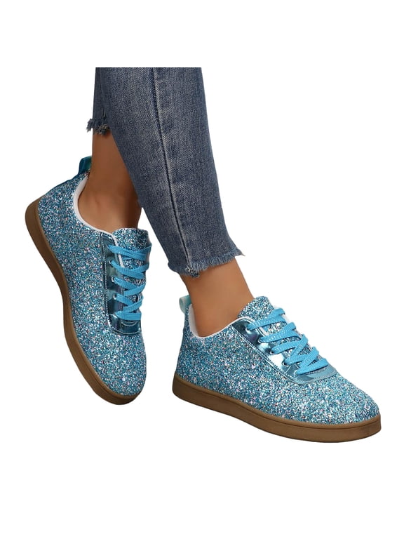Womens Flat Glitter Shoes Breathable Sequin Shining Dressy Slip on Casual Comfortable Party Prom Walking Sneakers Blue Size 9.5