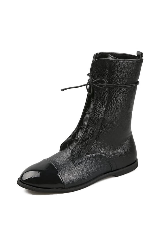Womens Flat Heel Mid Calf Boots Pointed Toe Faux Leather Fashion Lace Up Riding Booties, Women's Shoes Retro Solid Color Low Heel Laceing Fashion Short Boots Ankle Bootie