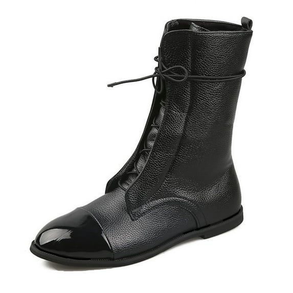 Womens Flat Heel Mid Calf Boots Pointed Toe Faux Leather Fashion Lace Up Riding Booties, Women's Shoes Retro Solid Color Low Heel Laceing Fashion Short Boots Ankle Bootie