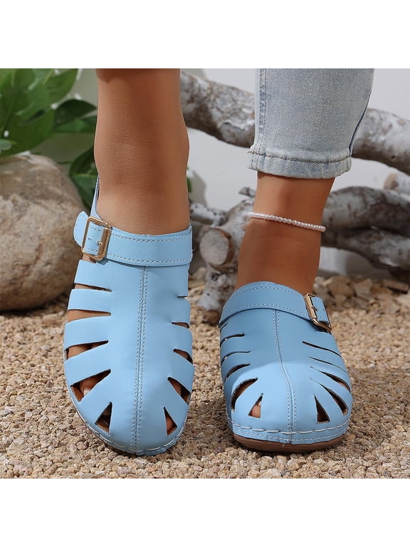 Womens Flat Mule Sandals Summer Clogs Suede Flat Slipper Round Toe Backless Slip on Loafer Shoes Comfy Closed Toe Lady Fashion Boat Shoes Sky Blue 9.5