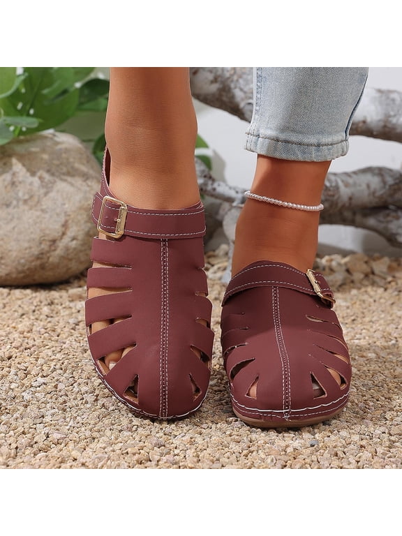 Womens Flat Mule Sandals Summer Clogs Suede Flat Slipper Round Toe Backless Slip on Loafer Shoes Comfy Closed Toe Lady Fashion Boat Shoes Wine 8.5