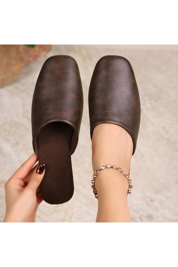 Womens Flat Mules Slip On Square Toe Backless Loafers Comfortable Work Shoes Coffee,Size 36