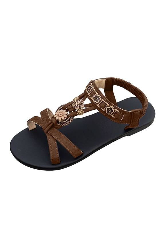 Womens Flat Sandals Boho Beaded Beach Vacation Shoes Lightweight Open Toe Elastic Ankle Strap Walking Shoes Brown Size 9.5