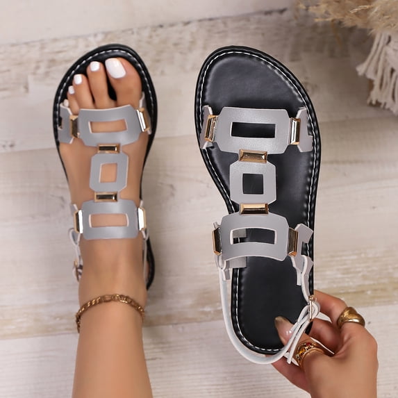 Womens Flat Sandals Casual Large-Size Buckle Flat-Soled Sandals Open-Toe Fashion Vintage Hollow-Out Outer Wear Solid Beach Sandals