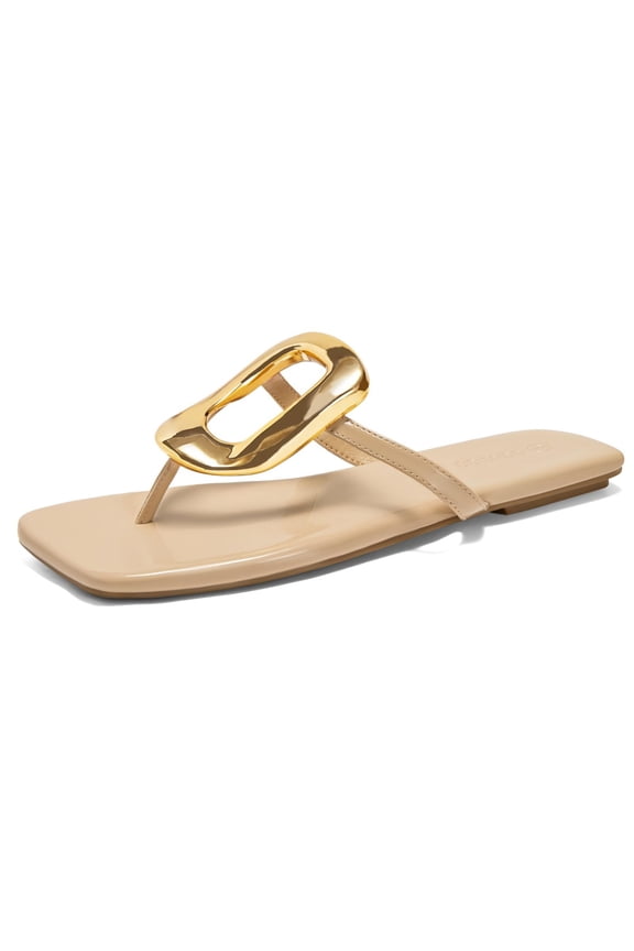 Womens Flat Sandals Comfortable Flip Flops Slide Sandals Summer Beach Shoes with Metal Decoration