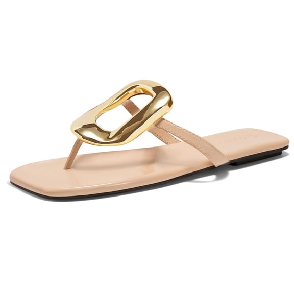Womens Flat Sandals Comfortable Flip Flops Slide Sandals Summer Beach Shoes with Metal Decoration