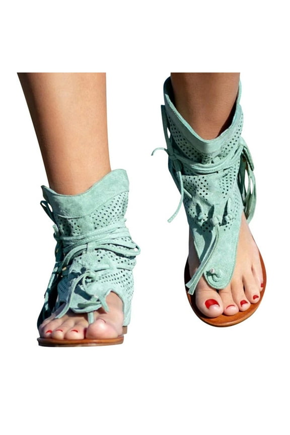 Flip Flops Sandals for Women Thong Flat Suede Tassel Gladiator Retro Back Strappy Fringe Shoes