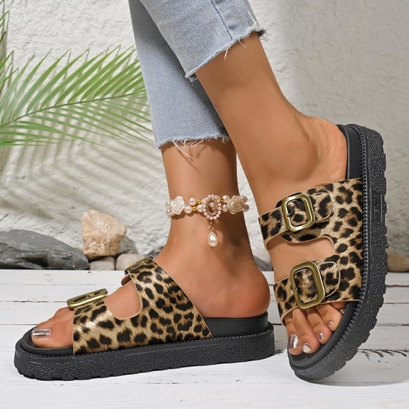 Womens Flat Sandals Cork Footbed Slides 2 Straps Adjustable Buckle Slip On Summer with Comfort Shoes