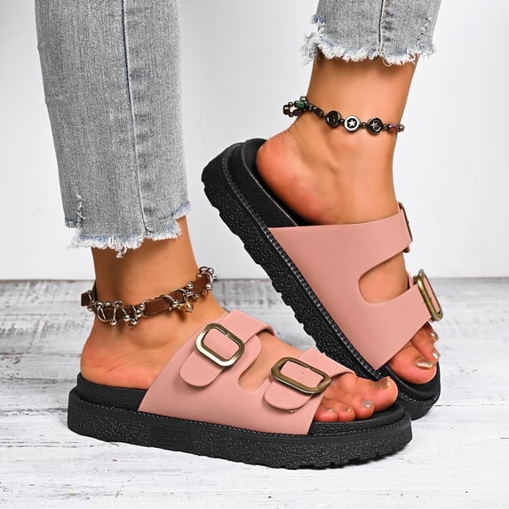 Womens Flat Sandals Cork Footbed Slides 2 Straps Adjustable Buckle Slip On Summer with Comfort Shoes