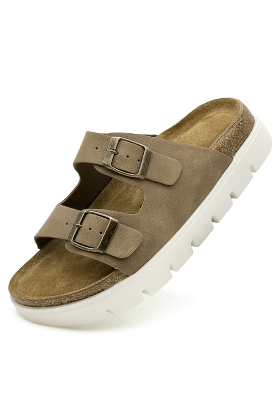 Womens Flat Sandals Cork Footbed Slides, Platform Clogs Shoes Mules Summer Slip On Slide Sandals with Adjustable Buckle