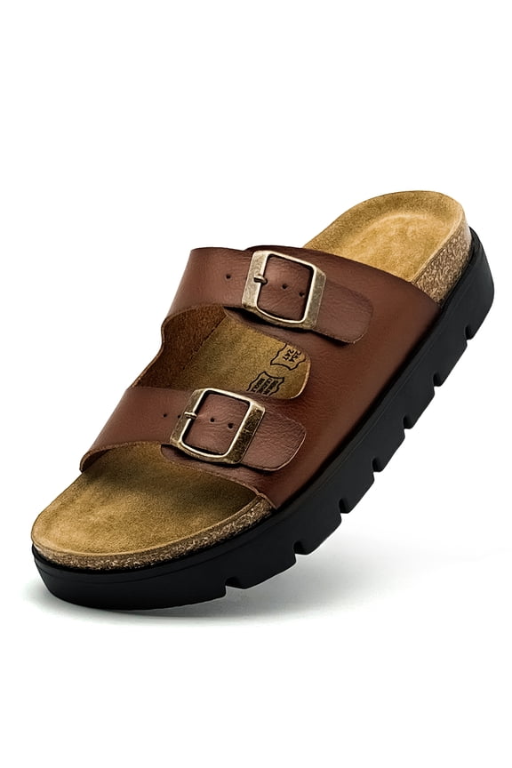 Womens Flat Sandals Cork Footbed Slides, Platform Clogs Shoes Mules Summer Slip On Slide Sandals with Adjustable Buckle