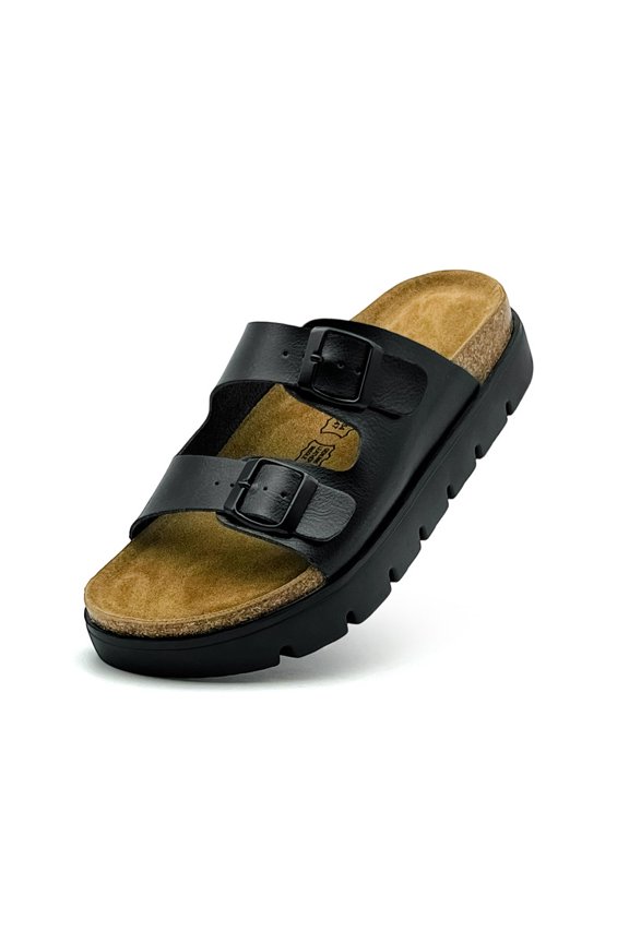 Womens Flat Sandals Cork Footbed Slides, Platform Clogs Shoes Mules Summer Slip On Slide Sandals with Adjustable Buckle