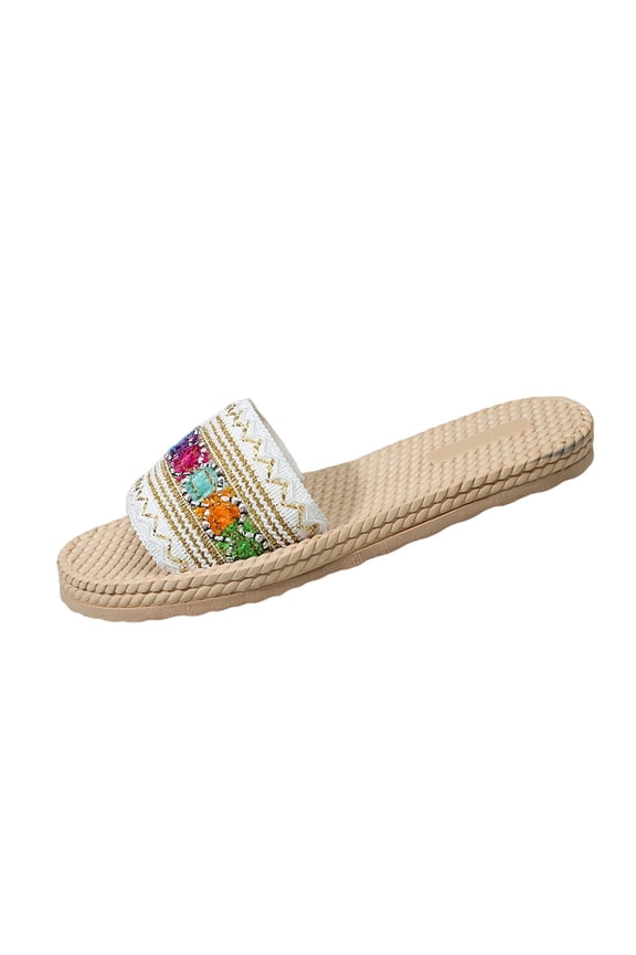 Womens Flat Sandals Ethnic Summer Slip On Sandals Thick Sole Open Toe Platform Slides Boho Beaded Slide Sandals - Flat Square Toe Shoes with Ethnic for Summer Casual & Beach Wear