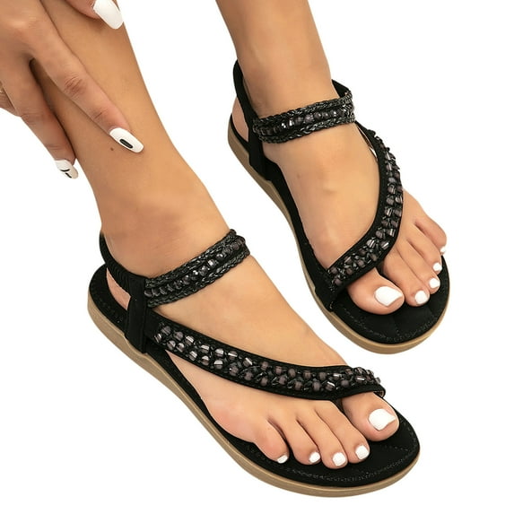 Womens Flat Sandals Rhinestone Decor Strapy Dress Shoes Open Toe Elastic Ankle Strap Roman Sandals