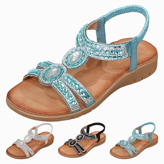 Womens Flat Sandals Rhinestone Summer Beach Footwear T Strap Thong Flip Flops Lightweight Elatic Ankle Strap Open Toe Summer Beach Shoes Silver Size 9