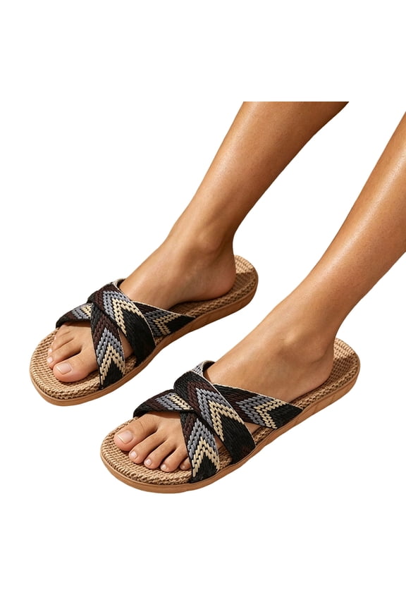 Womens Flat Sandals Slip on Raffia Beach Shoes Open Toe Antislip Outdoor Dressy Slip on Slides with Arch Support Black Size 6