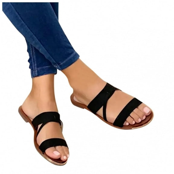 Womens Flat Slide Sandals, Summer Fashion Sandals, Comfy Style Open Toe Two Strap Slip On Flat Sandals Warm-weather Favorite