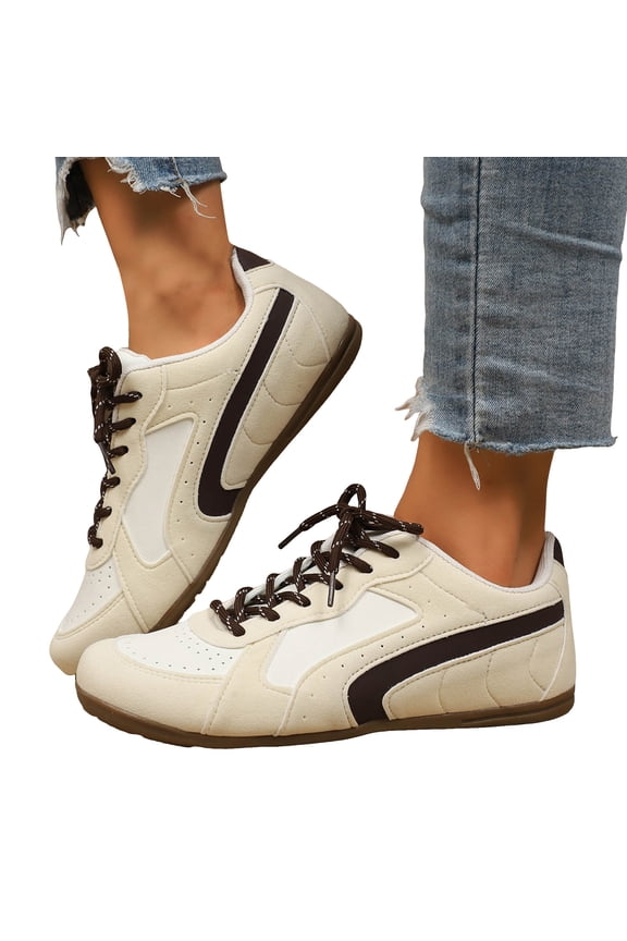Womens Flat Sneakers Trendy Color Block Classic Trainers Skate Shoes Lightweight Lace up Round Toe Walking Shoes Beige Size 7.5