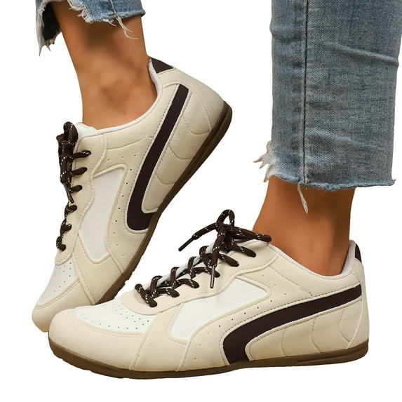 Womens Flat Sneakers Trendy Color Block Classic Trainers Skate Shoes Lightweight Lace up Round Toe Walking Shoes Beige Size 7.5