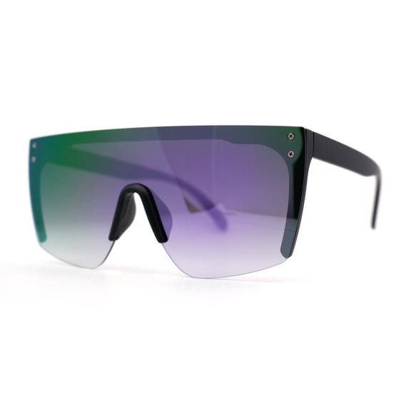 Womens Flat Top Color Mirror Oversize Diva Shield Rimless Sunglasses Matte Black Purple