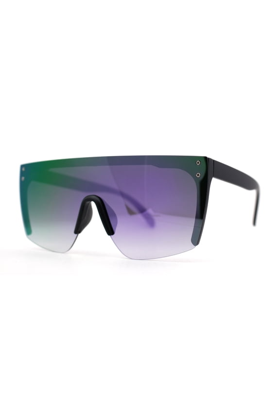 Womens Flat Top Color Mirror Oversize Diva Shield Rimless Sunglasses Matte Black Purple