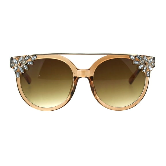 Womens Flat Top Rhinestone Jewel Horn Round Diva Sunglasses Peach