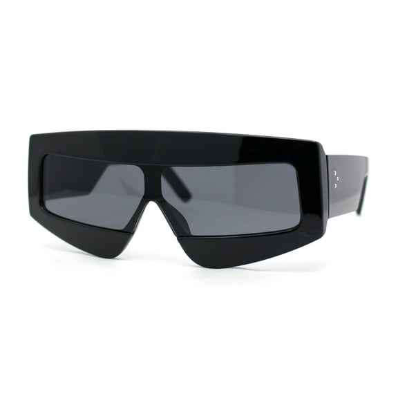 Womens Flat Top Thick Plastic Shield Rectangle Retro Futurism Sunglasses All Black