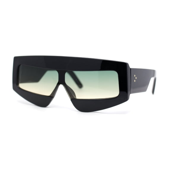 Womens Flat Top Thick Plastic Shield Rectangle Retro Futurism Sunglasses Black - Green Yellow