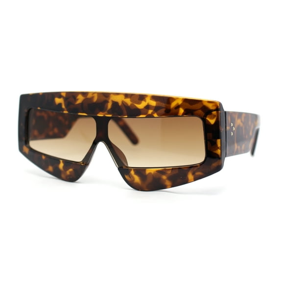 Womens Flat Top Thick Plastic Shield Rectangle Retro Futurism Sunglasses Tortoise - Brown