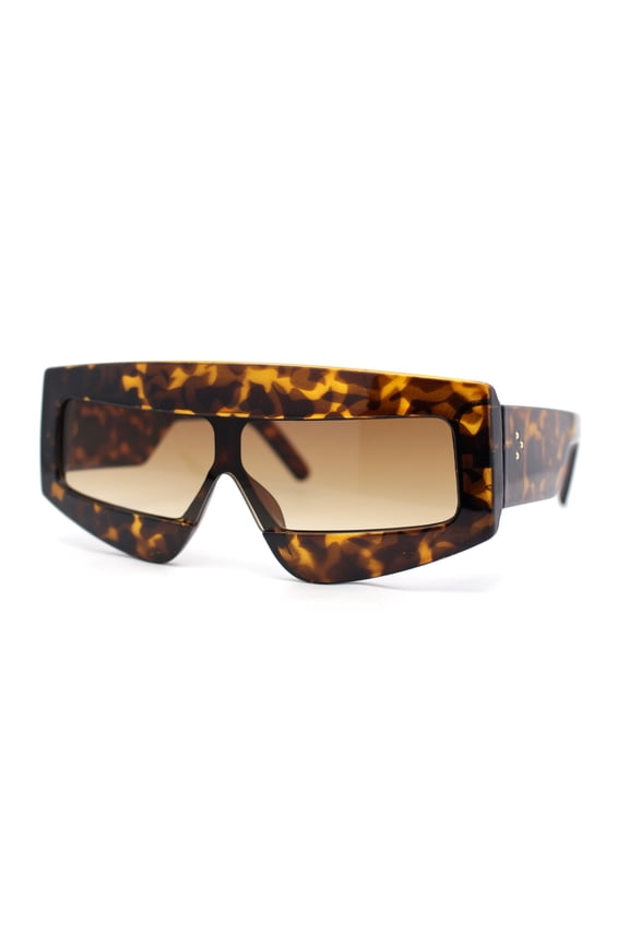 Womens Flat Top Thick Plastic Shield Rectangle Retro Futurism Sunglasses Tortoise - Brown