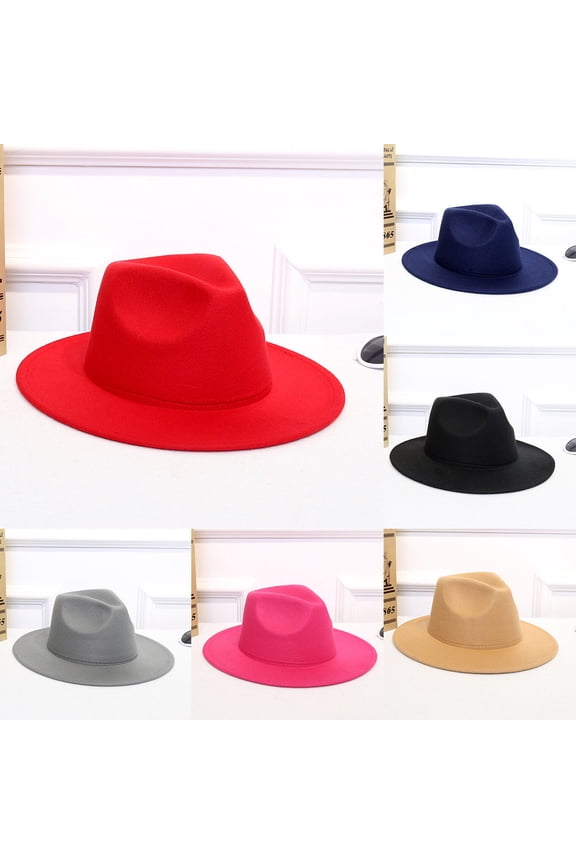 Womens Flat Wide Brim Warm Felt Fedora Hat Retro Style Panama Hat Dark Blue