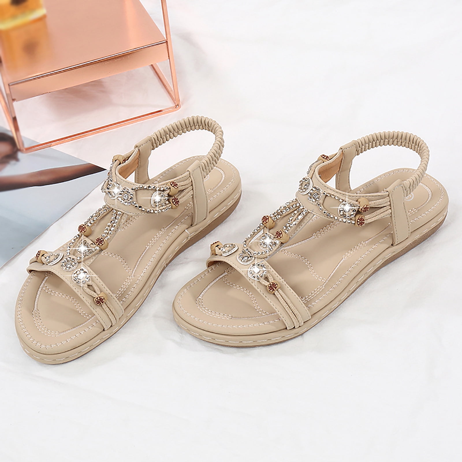 Womens Flats Sandals,Women Ladies String Bead Casual Elastic Band Bohemian Beach Shoes Sandals, On Sandal Roman Sandals Shoes(Color:Beige,Size:9)