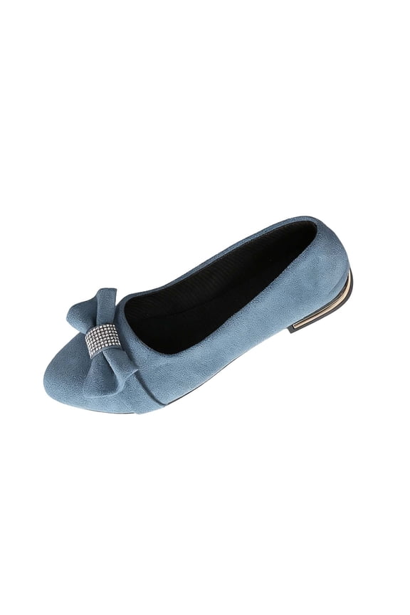 Womens Flats with Rhinestone Bow - Pointed Toe Velvet Slip On Ballet Flats, Low Heel Comfort Dress Shoes, Dusty Blue,Size 6.5