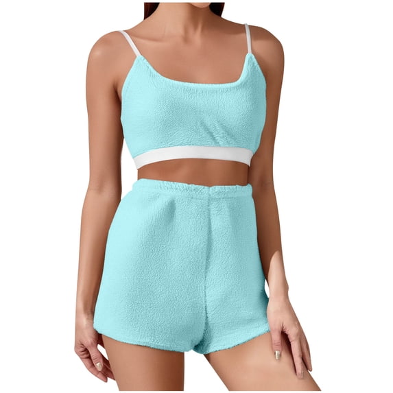Womens Fleece 2 Piece Pajamas Set Fuzzy Padded Bras Cami Tops Shorts Flannel Sleeveless Sleepwear, L