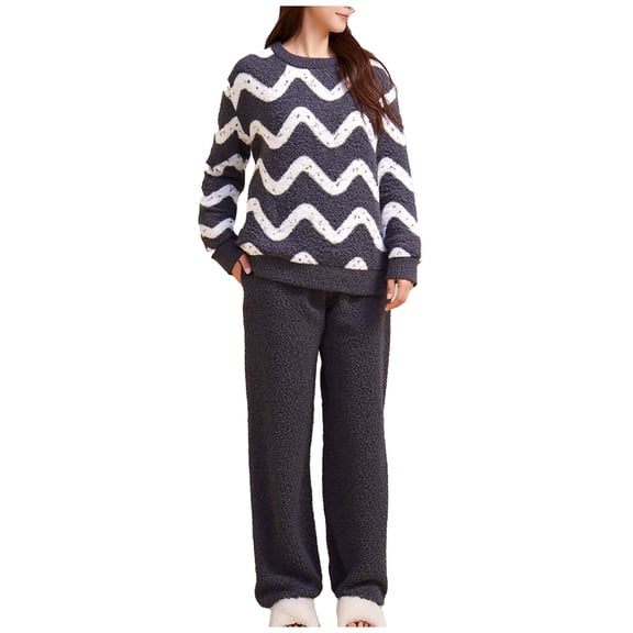 Womens Fleece 2 Pieces Pajama Sets Wavy Stripes Long Sleeve Loungewear Full Zipper Sherpa Soft Warm Sweatshirt Comfort Casual Sleeppants Winter Pjs 2 Piece Soft Cozy Sets