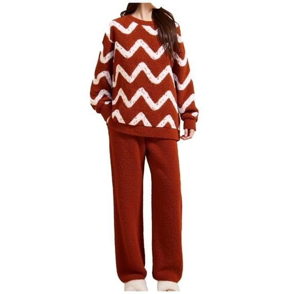 Womens Fleece 2 Pieces Pajama Sets Wavy Stripes Long Sleeve Loungewear Full Zipper Sherpa Soft Warm Sweatshirt Comfort Casual Sleeppants Winter Pjs 2 Piece Soft Cozy Sets