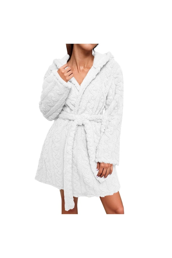 Womens Fleece Bathrobe Short Plush Robe Knee Length Soft Cable Fuzzy Warm Hooded Terry Cloth Spa Bathrobe White, S