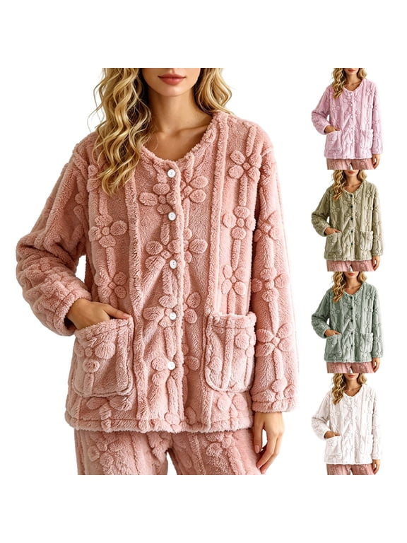 Womens Fleece Bed Jackets Long Sleeve Button Down Sherpa Sherpa Coat Winter Clothes Pajama Fuzzy Warm Sleepwear Coat with Pockets