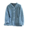 thumbnail image 1 of Womens Fleece Cable Knit Sweatshirts Solid Color Button Down Sweaters Cardigan Open Front Crew Neck Tops With Pockets (M, Blue), 1 of 3