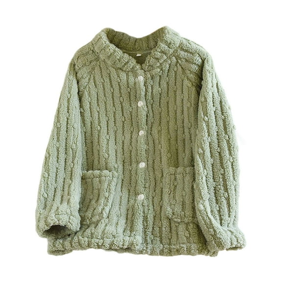 Womens Fleece Cable Knit Sweatshirts Solid Color Button Down Sweaters Cardigan Open Front Crew Neck Tops With Pockets (M, Green)