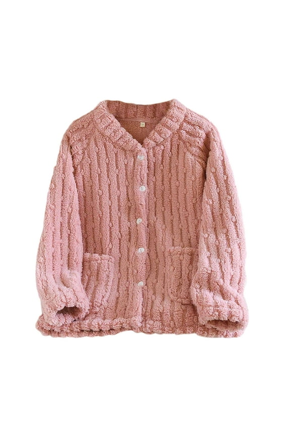 Womens Fleece Cable Knit Sweatshirts Solid Color Button Down Sweaters Cardigan Open Front Crew Neck Tops With Pockets (M, Pink)