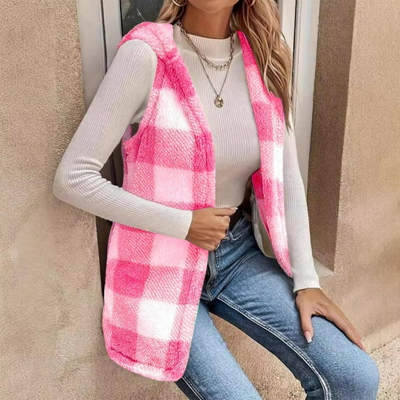 Womens Cardigan Vest Fashion Hooded Sleeveless Jacket Coat Plaid Printed Gilet Outerwear Clothing