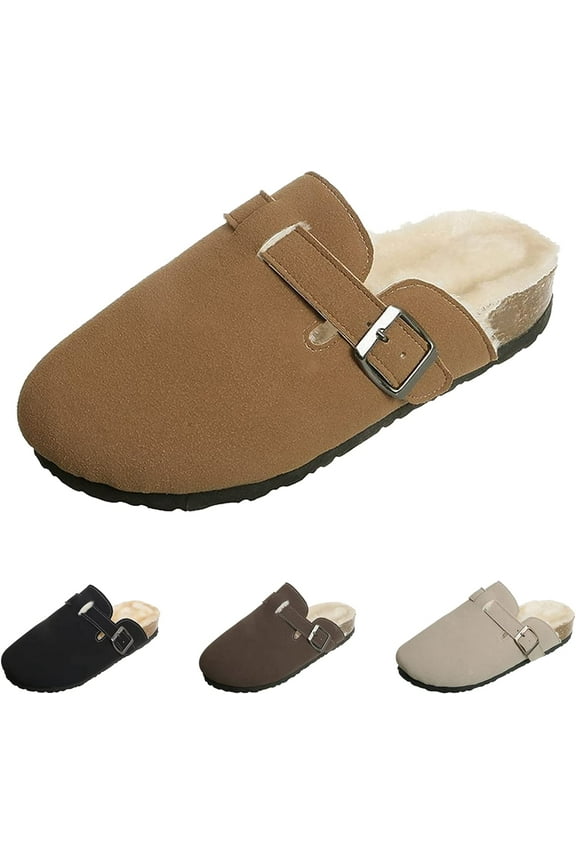 Womens Fleece Cork Slippers,Winter Soft Clogs for Women,Womens Clogs-Mules House Slipers with Arch Support and Adjustable Buckle